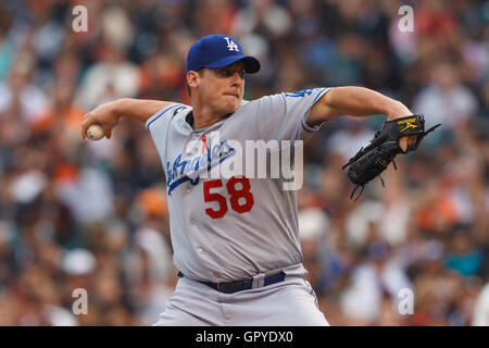 July 18, 2011; San Francisco, CA, USA;  Los Angeles Dodgers starting pitcher Chad Billingsley (58) pitches against the San Francisco Giants during the first inning at AT&T Park. Stock Photo