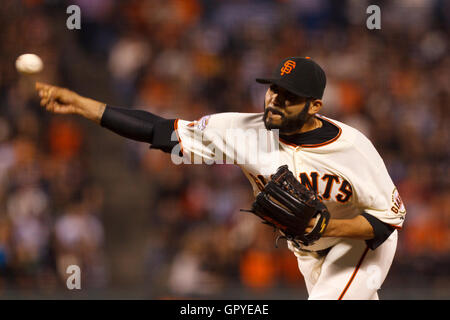 July 23, 2011; San Francisco, CA, USA;  San Francisco Giants relief pitcher Sergio Romo (54) pitches against the Milwaukee Brewers during the eighth inning at AT&T Park. Stock Photo