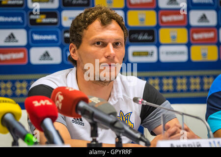Goalkeeper of Ukraine National Team Andriy Pyatov talks during press-conference before the FIFA World Cup 2018 Qualifying match Stock Photo