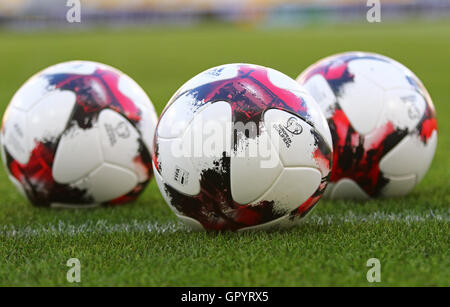 Official match balls of FIFA World Cup 2018 Qualifying matches on the grass Stock Photo