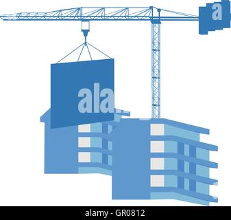 Crane and hangind load under the two new buildings at the construction site Stock Vector