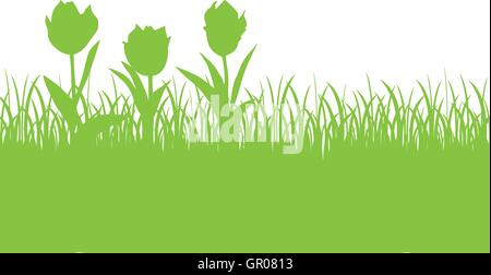 Floral spring background with tulips and grass silhouette Stock Vector