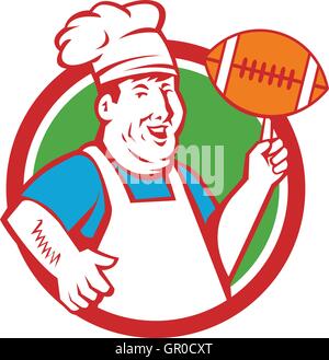 Illustration of a fat chef cook smiling wearing hat and apron twirling football ball viewed from front set inside circle done in retro style. Stock Vector