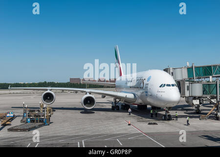 The Airbus A380 of Emirates Airlines arrived at Beijing International Airport Stock Photo