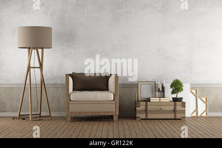 Vintage living room with wooden armchair and decor objects on floor- 3D Rendering Stock Photo