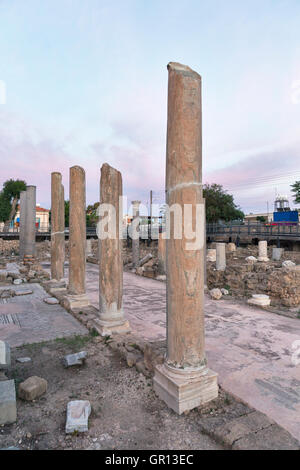 Colonnade in Kyriaki Church and ancient remains in Paphos, Cyprus. Early Christian Basilica courtyard in Kato Paphos. Stock Photo