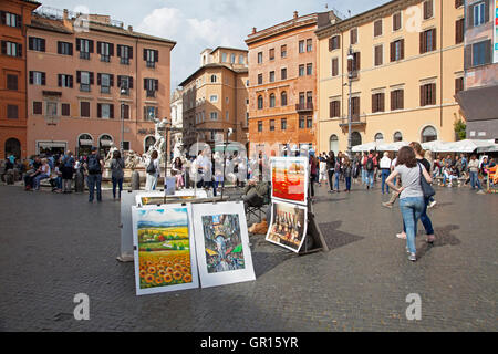 Artwork sale paintings piazza navona hi-res stock