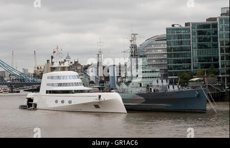 London, UK. 5th Sept 2016. Superyacht, known as 'Motor Yacht A' moored next to HMS Belfast on the River Thames. Motor Yacht A is owned by Russian billionaire, Andrey Melnichenko (known as the King of Bling). The stunning 390ft super yacht design is inspired by a submarine  and was designed by Philippe Starck. It has been reported that Melnichenko is currently building a new super yacht and Motor Yacht A will be put up for sale. Credit:  Vickie Flores/Alamy Live News Stock Photo