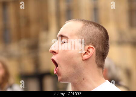 London, UK  5th September 2016  Speaker Protesting at the September 2016 "Invoke Article 50" Stock Photo