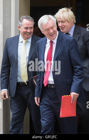London, UK. 6th September, 2016. Team Brexit, comprising International Trade Secretary Liam Fox (left) Secretary of State for Exiting the European Union David Davis (centre) and Foreign and Commonwealth Secretary Boris Johnson leaves 10 Downing Street following the weekly cabinet meeting. Credit:  Paul Davey/Alamy Live News Stock Photo