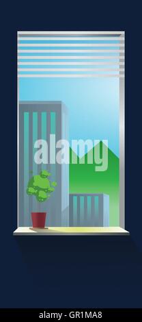 Vector abstract blue wall interior and view from window on buildings. Stock Vector