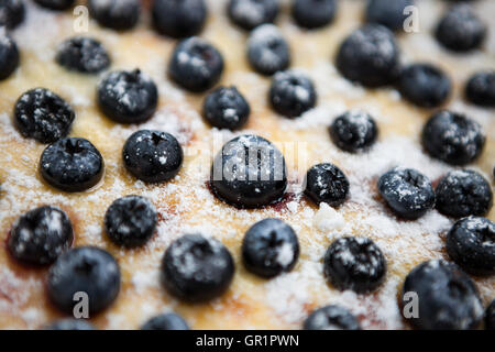 Macro of blueberry berries on home baked pie. Close up of sweet pastry Stock Photo
