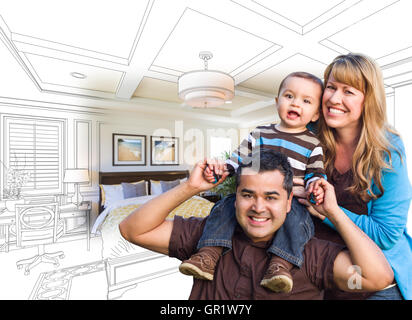 Mixed Race Family With Baby Over Custom Bedroom Drawing and Photo Combination. Stock Photo