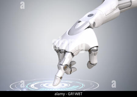 Robot's hand is pushing the button. Clipping path included Stock Photo