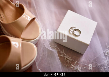 Wedding rings on white box Stock Photo