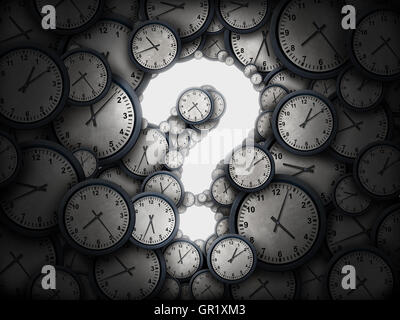 Concept of time question or business schedule questions symbol as a group of clocks shaped as a glowing icon for uncertainty as Stock Photo