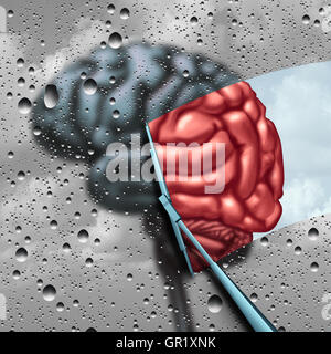 Dementia therapy and brain disease cure or mental health treatment concept as a blurry brain with drops on a window as a wiper cleans the confusion to a healthy thinking organ as a symbol for neurology or psychological help with 3D illustration elements.
