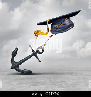 Education problem and learning challenge concept as a mortar cap or graduation hat being held back by a heavy anchor as a educational impairment or school loan burden symbol as a 3D illustration. Stock Photo