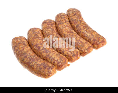Several spicy bratwurst links on a white background. Stock Photo