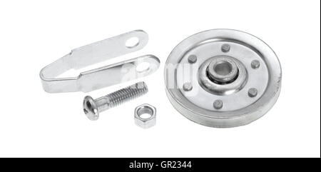 A new garage door pulley kit with bracket bolt and nut on a white background. Stock Photo