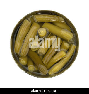 Top view of an opened can of organic cut green beans isolated on a white background. Stock Photo