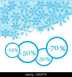 Cute picture with snowflakes and discounts in circles. Design element for postcard, invitation, banner or flyer. Stock Vector