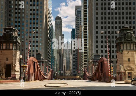 Street of Chicago. Image of La Salle street in Chicago downtown at the sunrise. Stock Photo