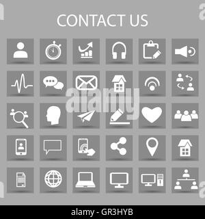 Vector flat icons set and graphic design elements. Illustration with contact us outline symbols. Stock Vector
