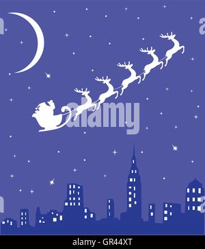 vector illustration of Santa Claus flying over city Stock Vector