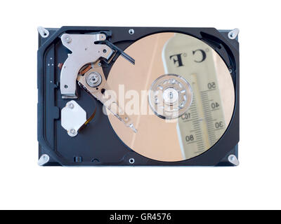 Opened computer hard drive reflecting blurred thermometer isolated on white Stock Photo