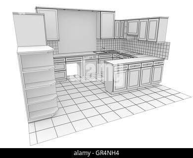 Kitchen rendered by lines Stock Photo