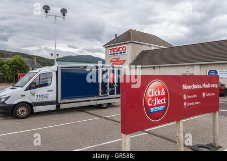 Tesco Click & Collect delivery van outside Ullapool Tesco Superstore. Stock Photo