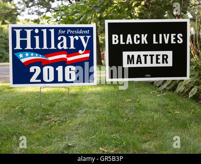 2016 Hillary Clinton for US president and BLACK LIVES MATTER yard signs Stock Photo