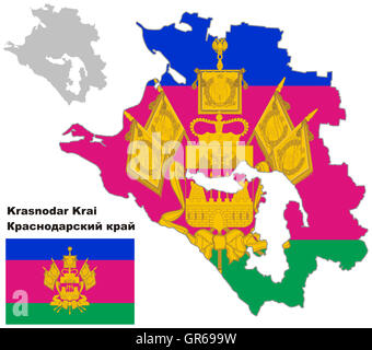 Outline map of Krasnodar Krai with flag. Regions of Russia. Vector illustration. Stock Photo