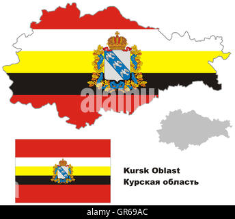 Outline map of Kursk Oblast with flag. Regions of Russia. Vector illustration. Stock Photo