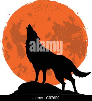 Wolf Howling at the Moon in the Midnight Vector Illustration Stock Vector