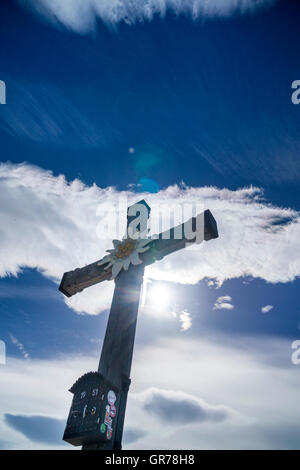 Wooden Cross On The Mountain Top Stock Photo