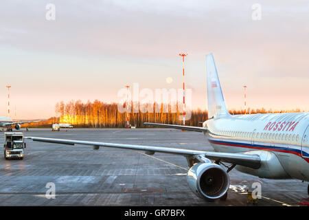 SAINT-PETERSBURG, RUSSIA - OCTOBER 28, 2015: Aircraft Russian airlines Rossiya is on pre-flight preparation at Pulkovo Airport Stock Photo