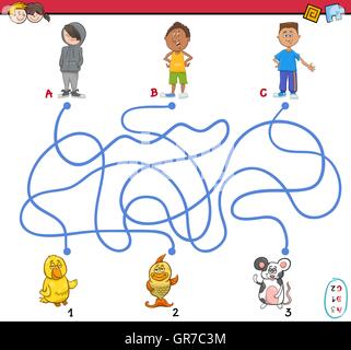Cartoon Illustration of Educational Paths or Maze Puzzle Activity with Children Boys and Pets Stock Vector