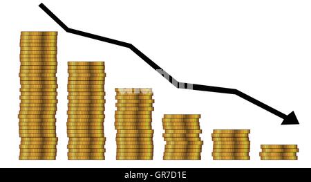 A stack of coins and an arrow pointing downwards over a white background Stock Vector