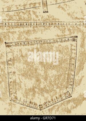 A khaki denim pocket on a pair of old jeans as a background Stock Vector