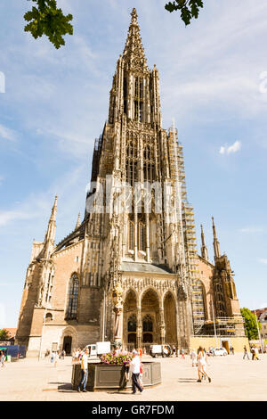 ULM, GERMANY - AUGUST 13: Tourists at the Minster of Ulm, Germany on August 13, 2016.