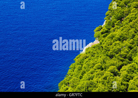 Nature background, blue sea and green pine forest Stock Photo