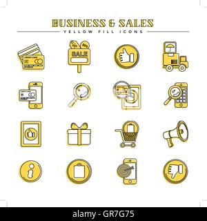 Business and sales, yellow fill icons set Stock Vector