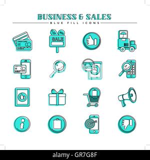 Business and sales, blue fill icons set Stock Vector