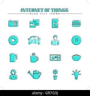 Internet of things and smart home, blue fill icons set Stock Vector