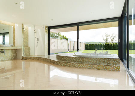 beautiful room with jacuzzi, window overlooking the garden Stock Photo