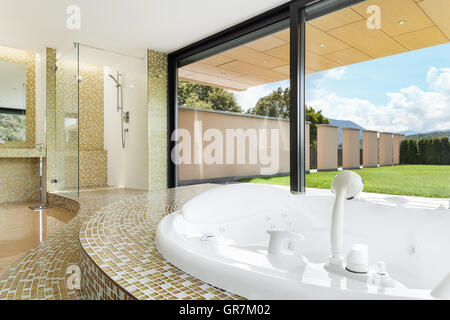 beautiful room with jacuzzi, window overlooking the garden Stock Photo