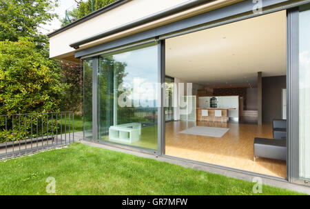 modern house, wide living room, view from the garden Stock Photo