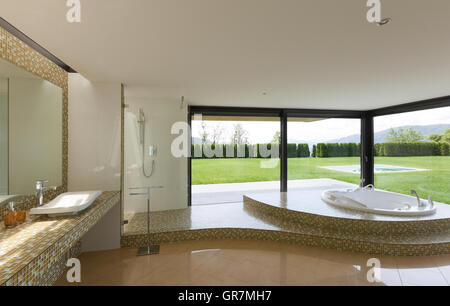 beautiful room with jacuzzi, window overlooking the garden Stock Photo